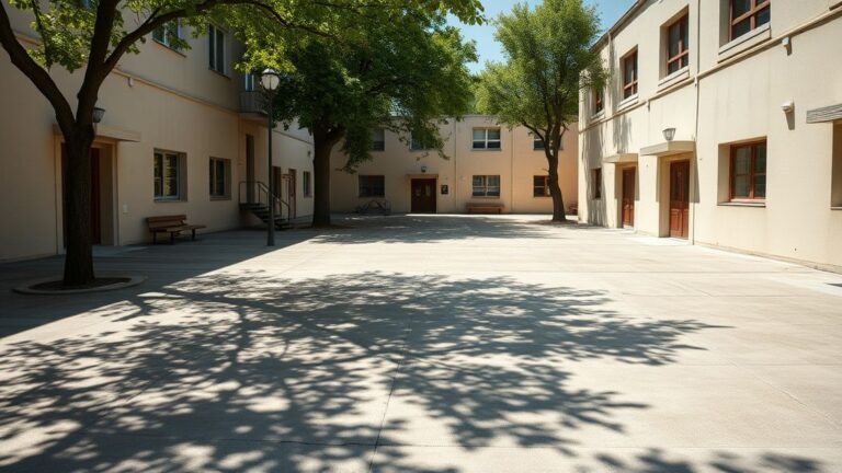 Cour d’école française en canicule avec quelques arbres et des zones d’ombre sur le béton