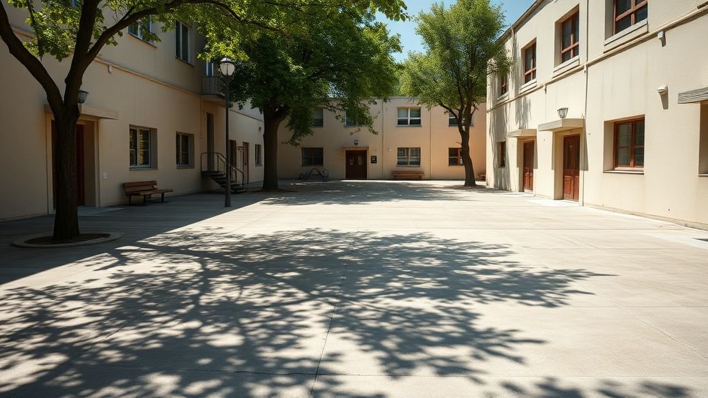 Cour d’école française en canicule avec quelques arbres et des zones d’ombre sur le béton