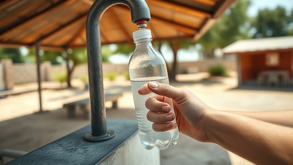 Mains remplissant une gourde à un point d’eau simple pendant une période de forte chaleur