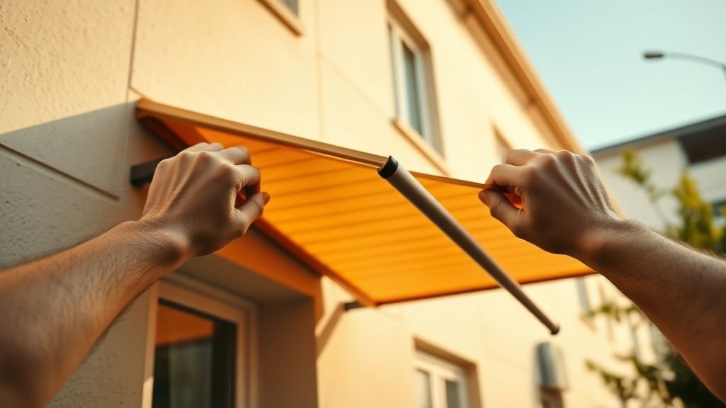 Mains installant un store extérieur sur une façade de bâtiment en plein été
