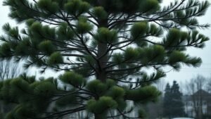 Pin infesté par des nids de chenilles processionnaires dans un parc en fin d’hiver