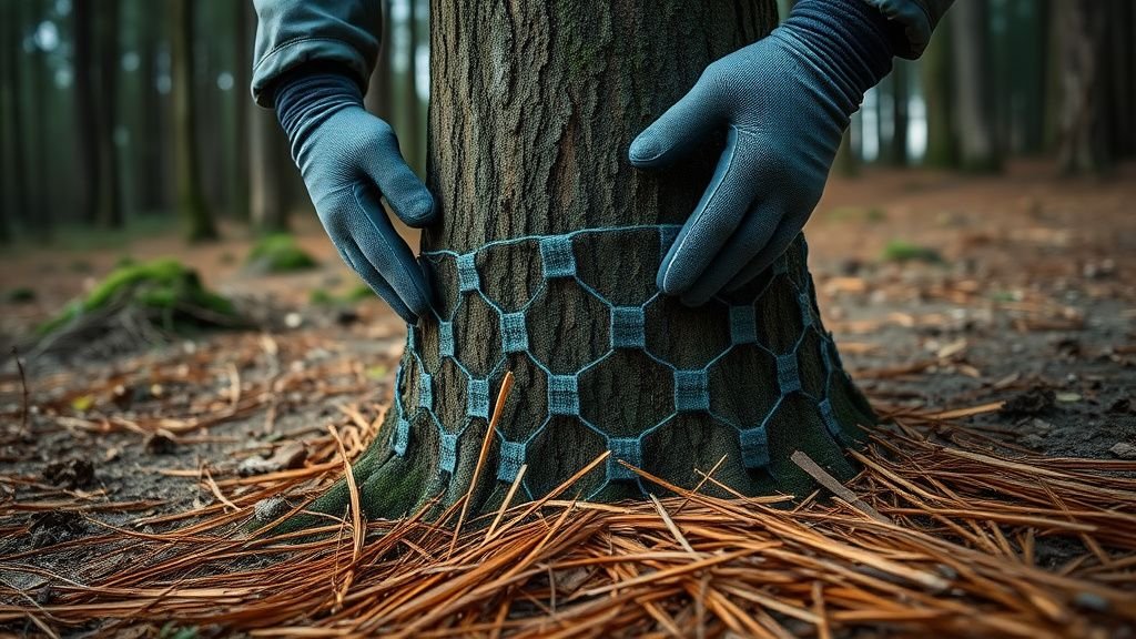 Mains gantées installant un piège de protection autour d’un tronc de pin