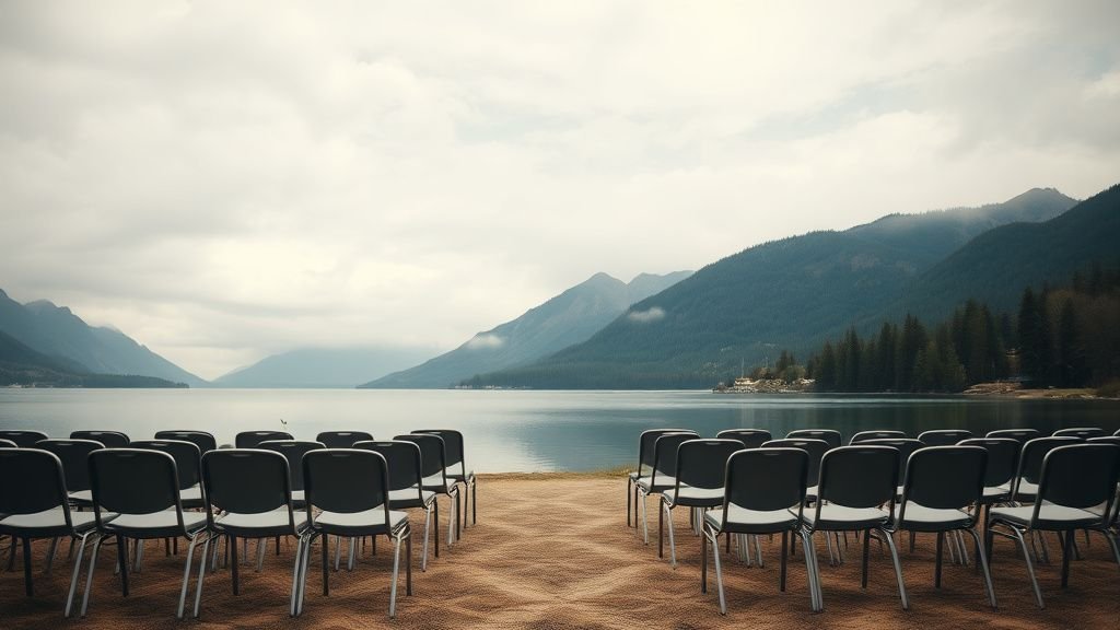 Sommet politique au bord d’un lac de montagne, ambiance sobre et atmosphère diplomatique discrète