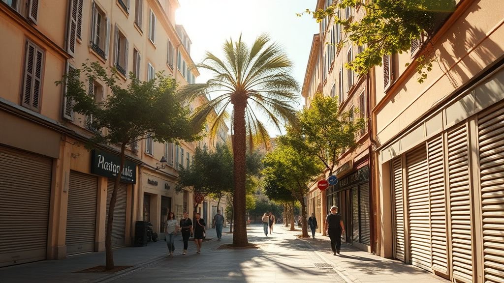 Rue urbaine écrasée par la chaleur avec des passants à l’ombre et des façades fermées