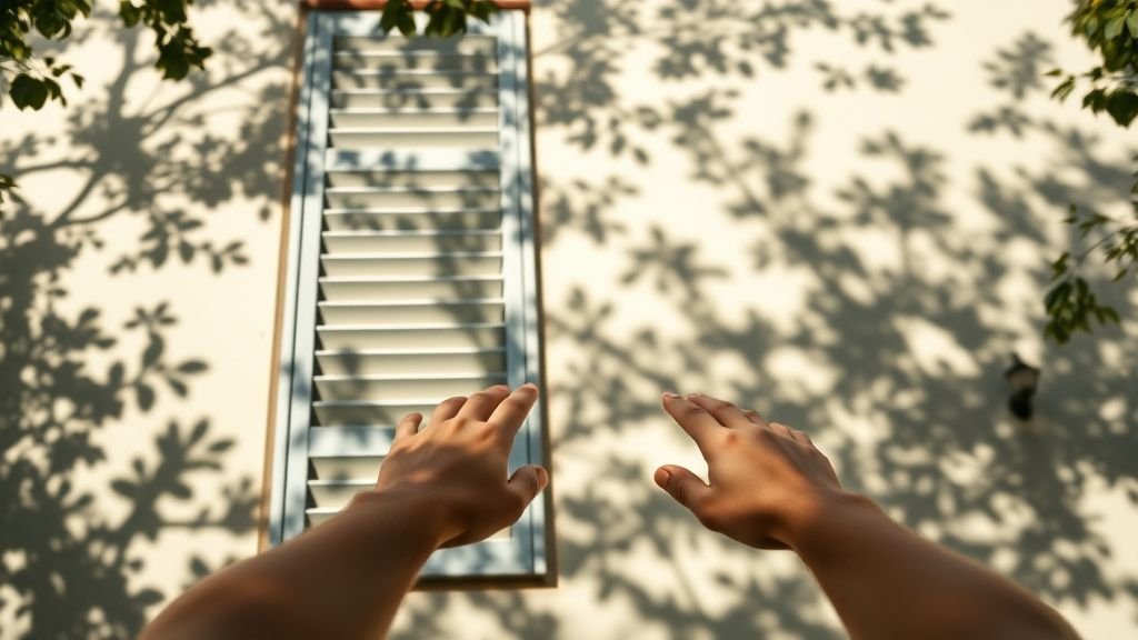 Mains fermant des volets extérieurs sur une façade d’immeuble en plein soleil