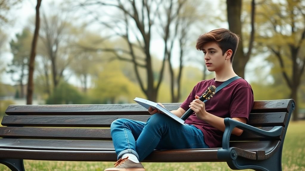 Jeune musicien adolescent dans un parc, carnet en main, ambiance documentaire et lumière naturelle