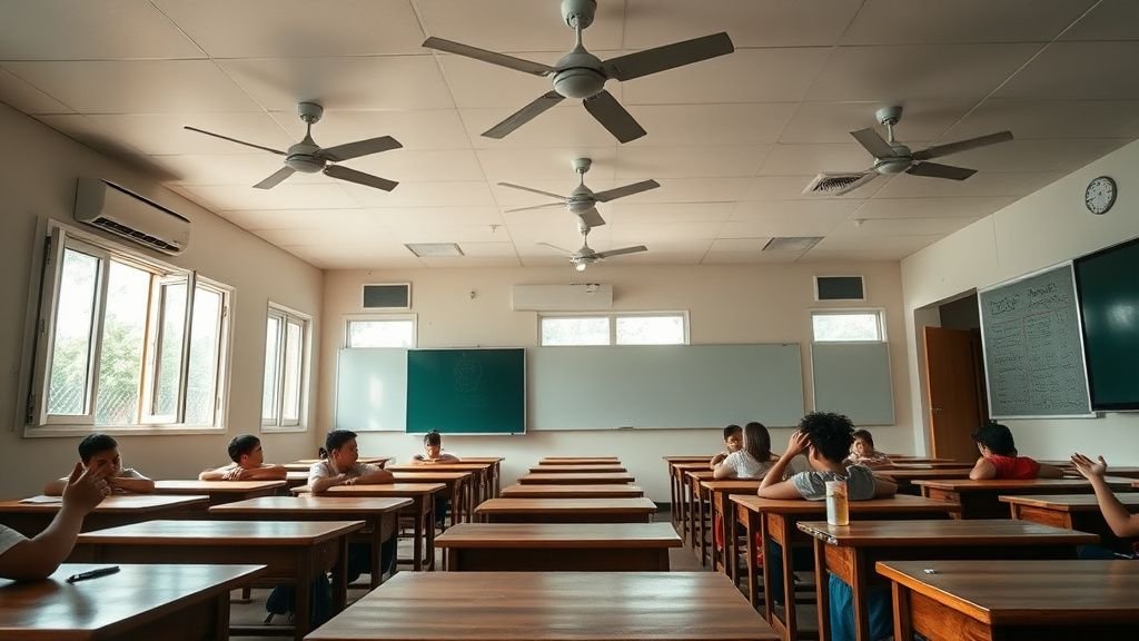 Salle de classe ventilée avec fenêtres ouvertes et mains d’élèves sur des bureaux en bois
