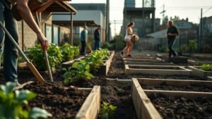 Personnes cultivant un jardin collectif en bordure de quartier industriel sous lumière naturelle