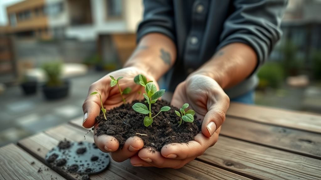 Mains tenant de la terre et de jeunes plants sur une table en bois dans un jardin collectif