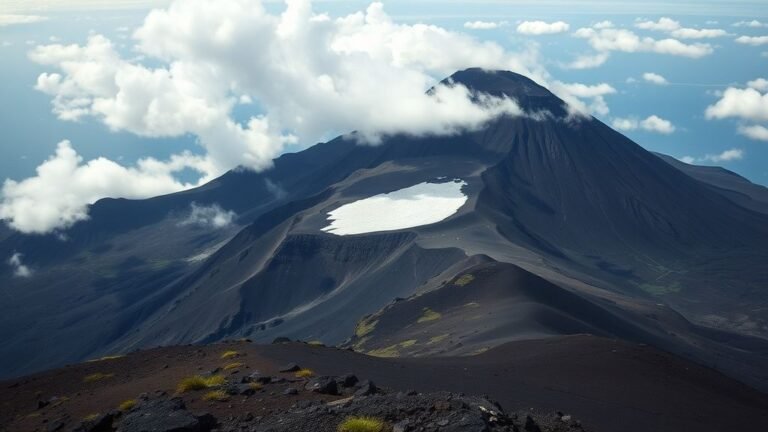 Sommet du Kilimandjaro avec une petite zone de glace résiduelle et des rochers volcaniques