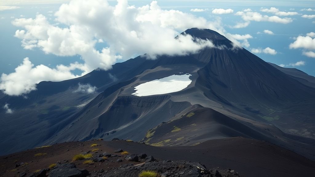 Sommet du Kilimandjaro avec une petite zone de glace résiduelle et des rochers volcaniques