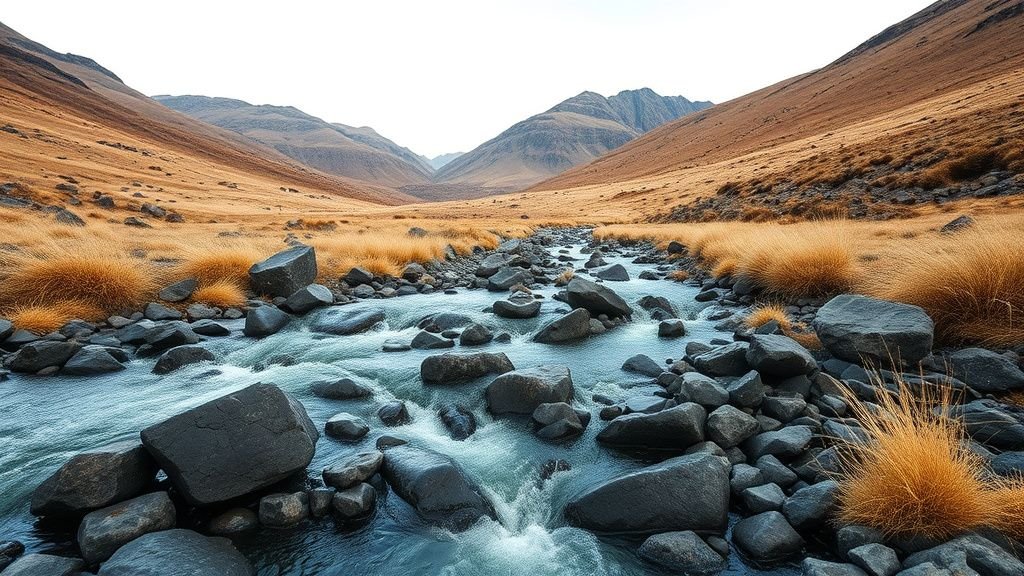 Ruisseau de montagne alimenté par la fonte glaciaire dans une vallée sèche