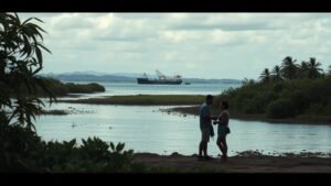 Paysage côtier tropical avec mangroves et port industriel au loin, deux silhouettes discutent au bord de l’eau