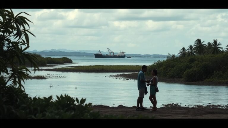 Paysage côtier tropical avec mangroves et port industriel au loin, deux silhouettes discutent au bord de l’eau