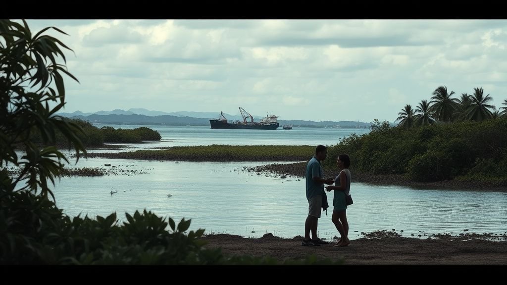Paysage côtier tropical avec mangroves et port industriel au loin, deux silhouettes discutent au bord de l’eau
