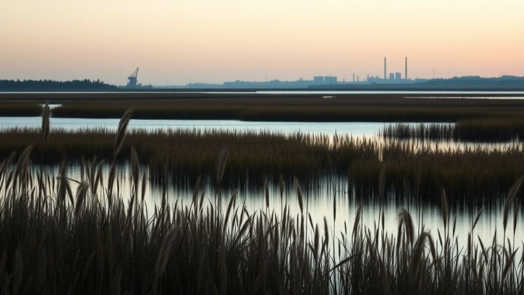 Estuaire côtier au lever du jour avec silhouettes industrielles discrètes et végétation littorale