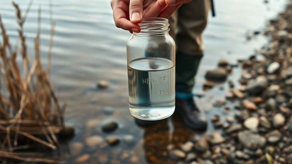 Mains tenant un échantillon d’eau au bord d’un estuaire avec roseaux et galets humides