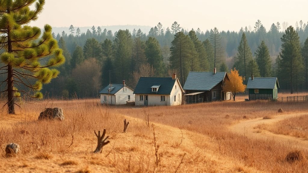 Lisière de forêt sèche près de maisons rurales sous une lumière d’été, avec sol poussiéreux et végétation desséchée