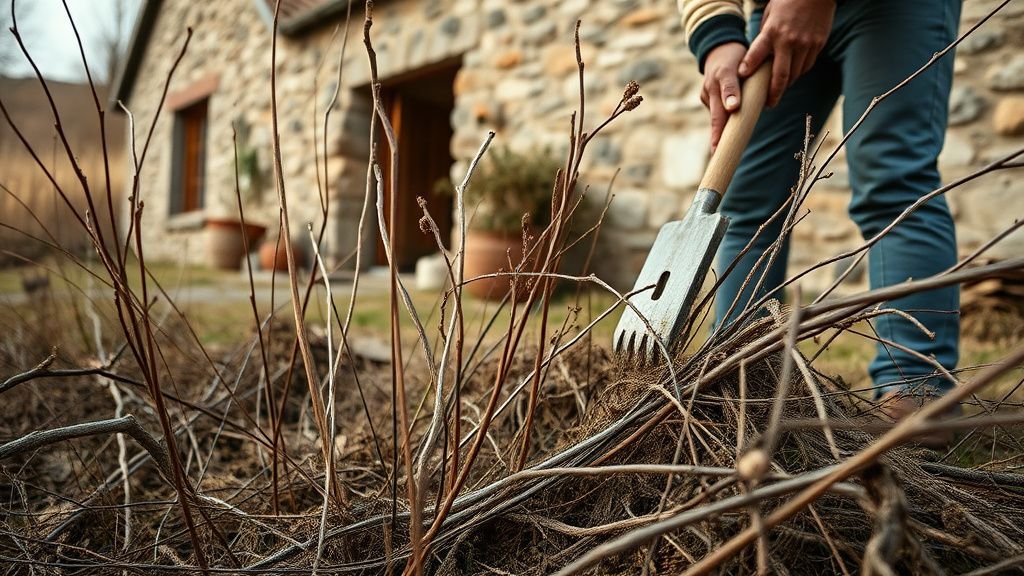Mains retirant des branchages secs près d’une maison en pierre, pour réduire le combustible autour du bâti