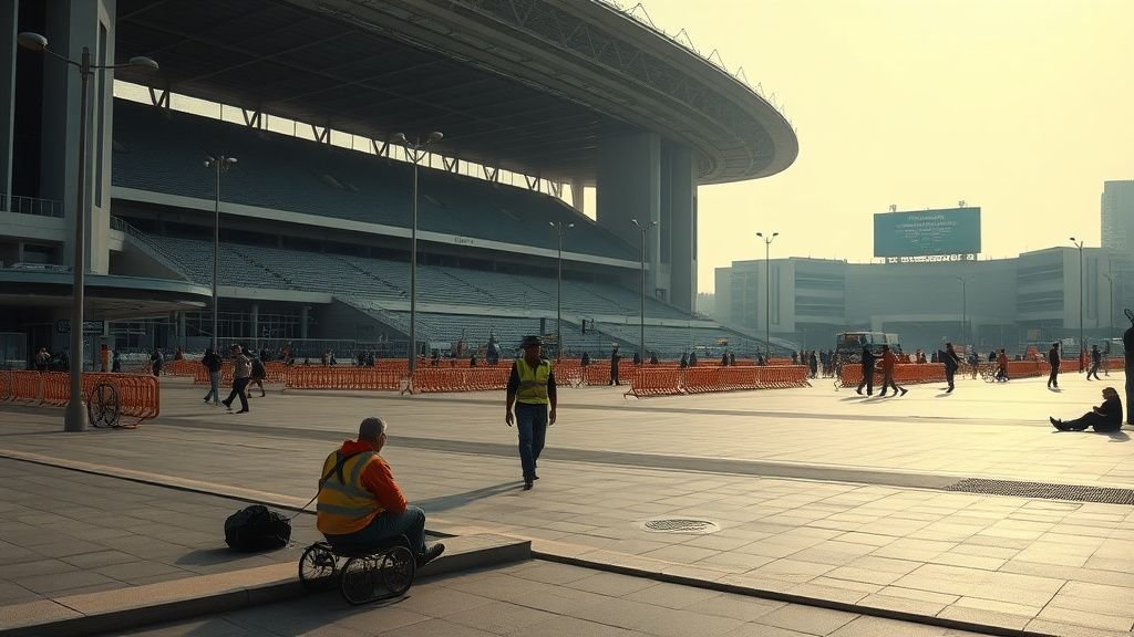 Préparatifs urbains près d’un stade avec des personnes sans-abri en retrait, lumière naturelle et ambiance documentaire