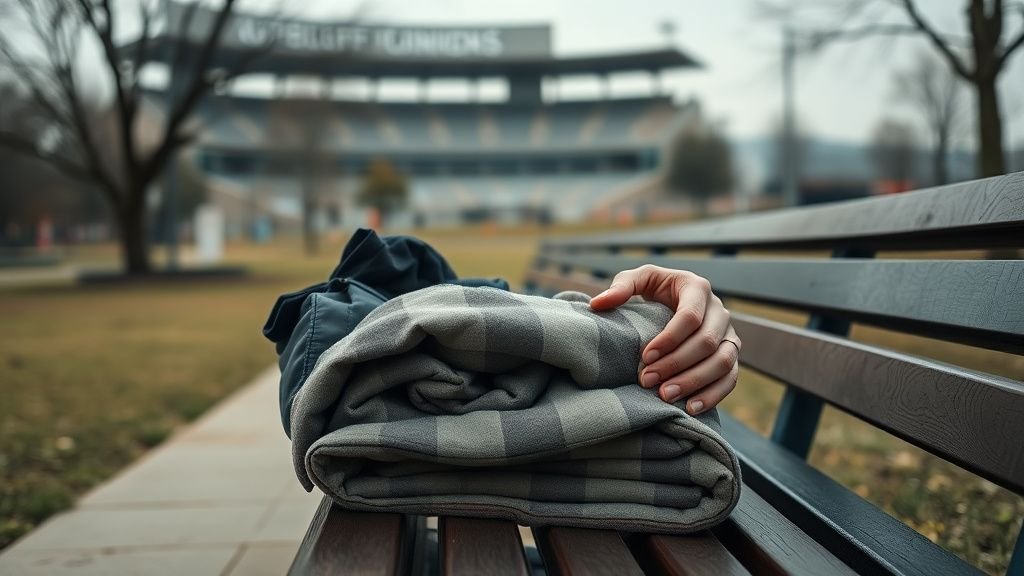 Mains rangeant des affaires sur un banc dans un parc urbain, ambiance documentaire et lumière naturelle