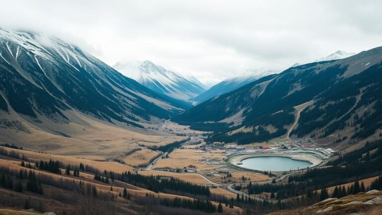 Lac artificiel en montagne près d’une infrastructure de ski sous ciel couvert