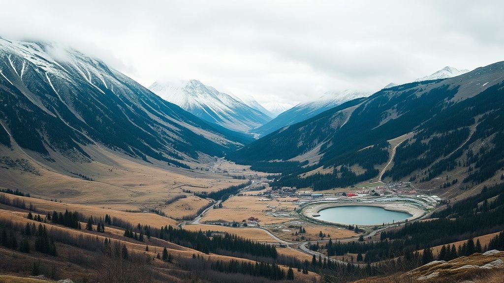 Lac artificiel en montagne près d’une infrastructure de ski sous ciel couvert