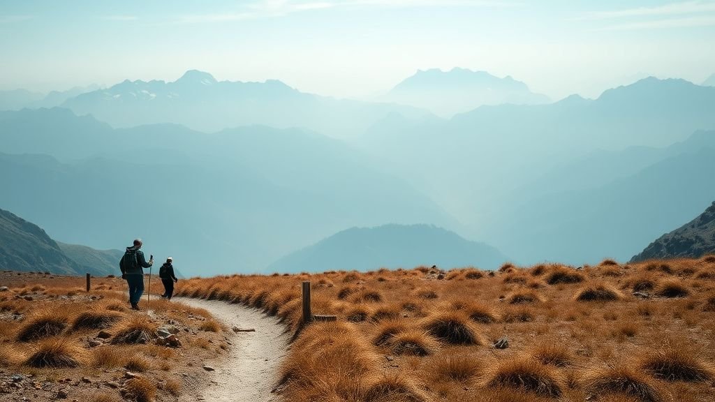 Sentier de montagne sec avec randonneurs et sommets peu enneigés
