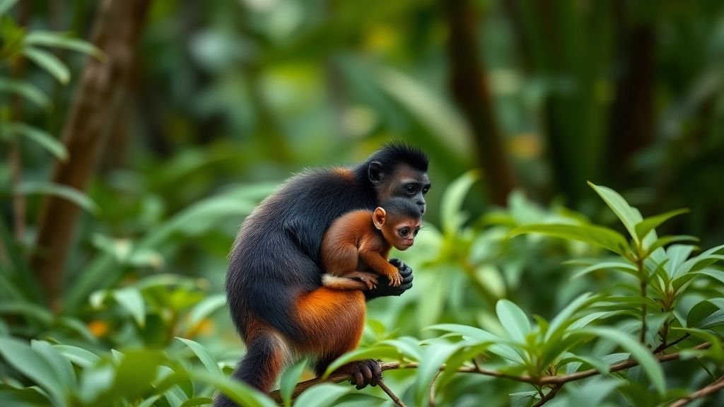 Deux tamarins adultes portant un jeune dans une forêt tropicale, scène naturelle en lumière douce