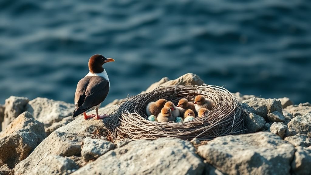Oiseau marin surveillant un nid sur une côte rocheuse, avec œufs et poussins sous lumière naturelle