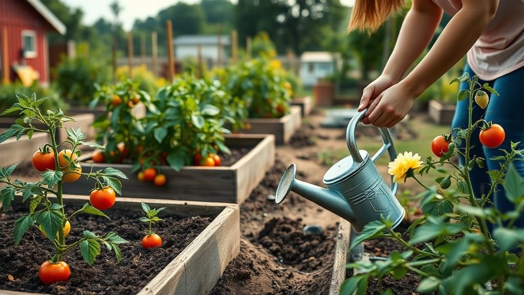 Mains cultivant un potager militant dans un jardin partagé en été, sous une lumière naturelle douce