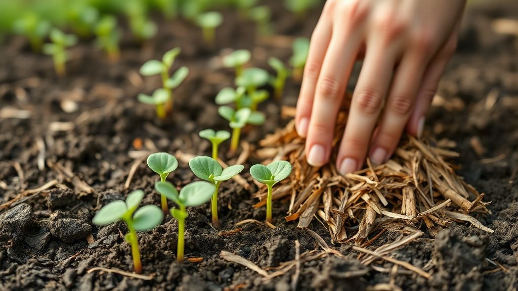 Gros plan sur un sol paillé avec de jeunes plants de légumes et une main en action