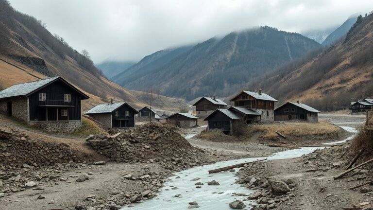 Village de montagne ravagé par une crue, maisons endommagées et lit de torrent couvert de boue