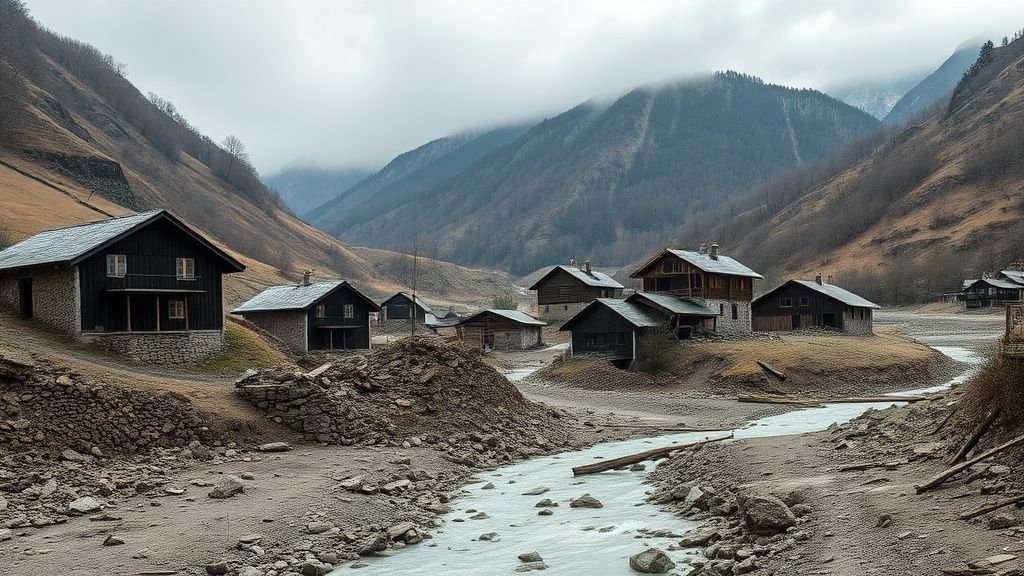 Village de montagne ravagé par une crue, maisons endommagées et lit de torrent couvert de boue