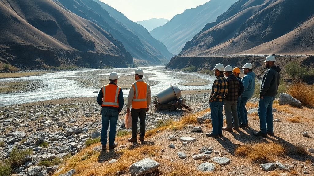 Habitants et techniciens observant une zone inondable dans une vallée de montagne