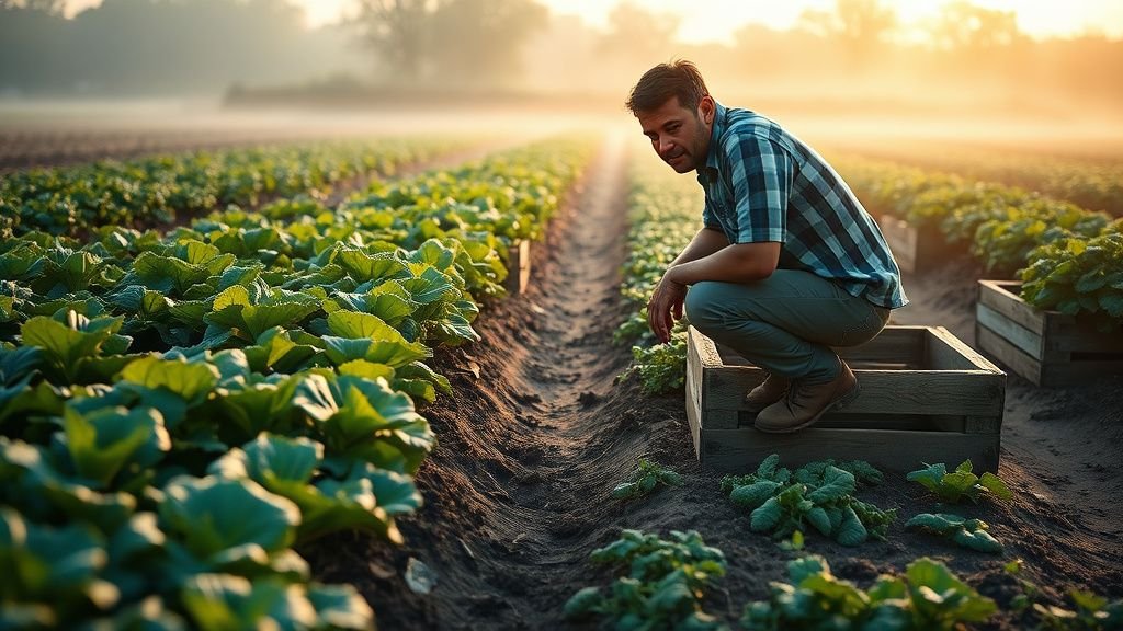 Maraîchère dans une petite ferme bio au milieu des rangs de légumes, lumière douce du matin