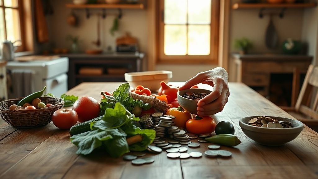 Mains triant des légumes et quelques pièces sur une table en bois dans une cuisine de ferme
