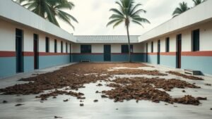 Cour d’école caribéenne près du littoral avec sargasses échouées et ambiance humide