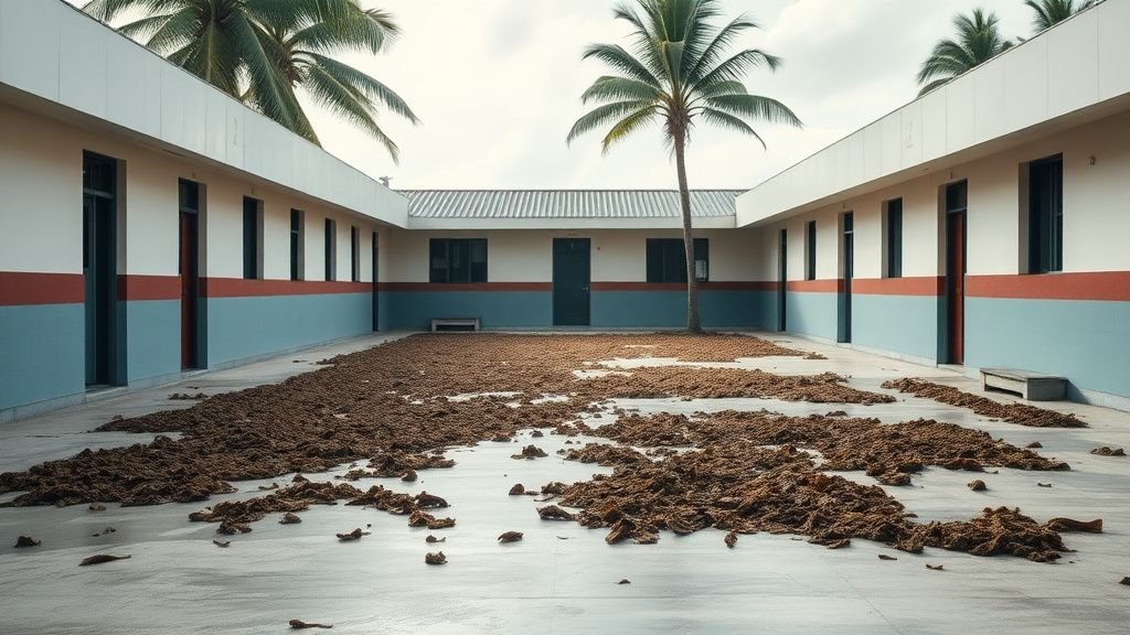 Cour d’école caribéenne près du littoral avec sargasses échouées et ambiance humide