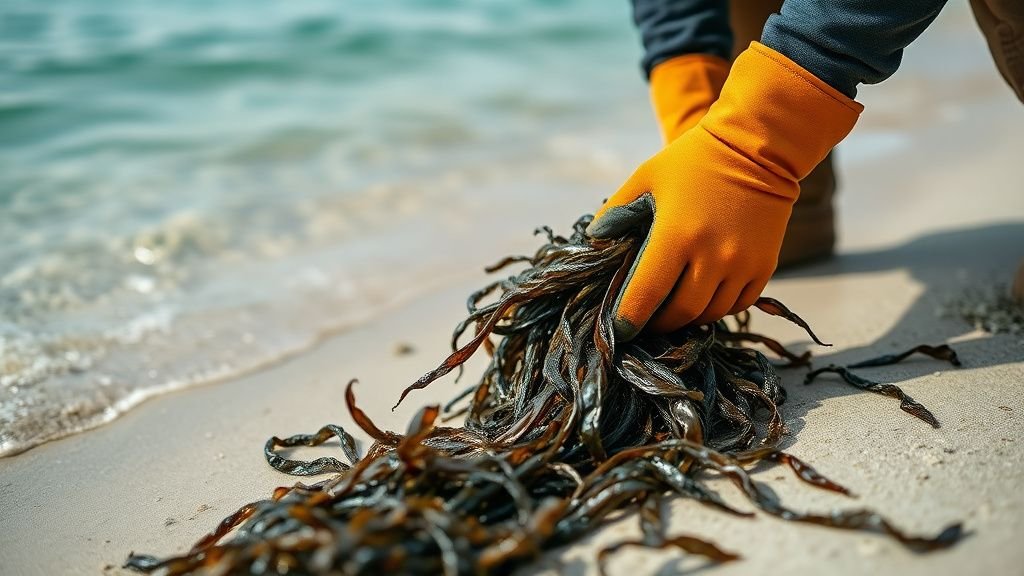 Mains retirant des sargasses d’une plage de sable au bord d’une eau turquoise