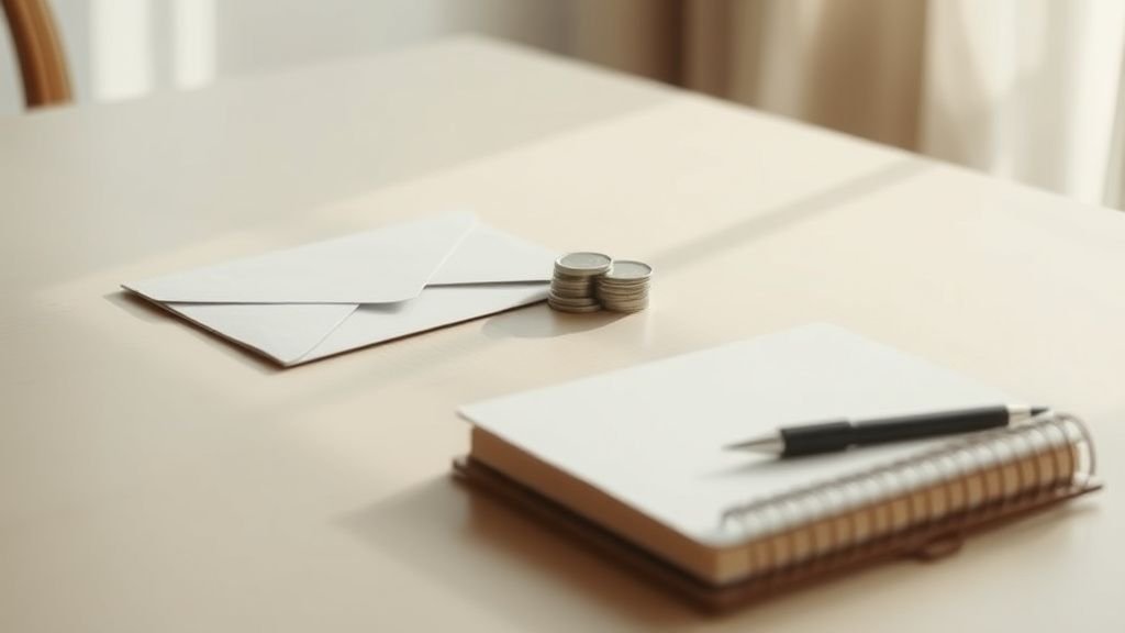 Enveloppe, pièces et carnet sur une table, illustration sobre des enjeux de succession et d’inégalités