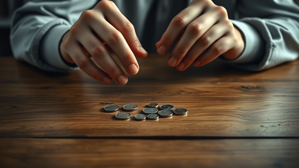 Mains répartissant des pièces en petites piles sur une table en bois, image sur la fiscalité successorale