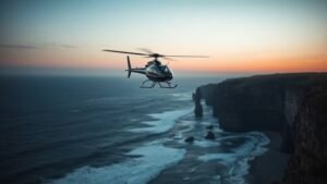 Hélicoptère au-dessus d’une côte rocheuse, scène documentaire en lumière naturelle