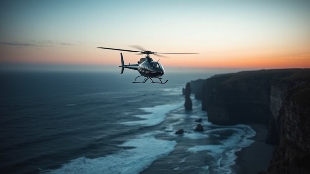 Hélicoptère au-dessus d’une côte rocheuse, scène documentaire en lumière naturelle