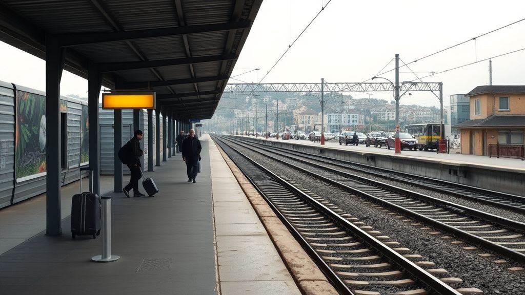 Petite gare côtière avec voyageurs et lumière naturelle, ambiance sobre et réaliste