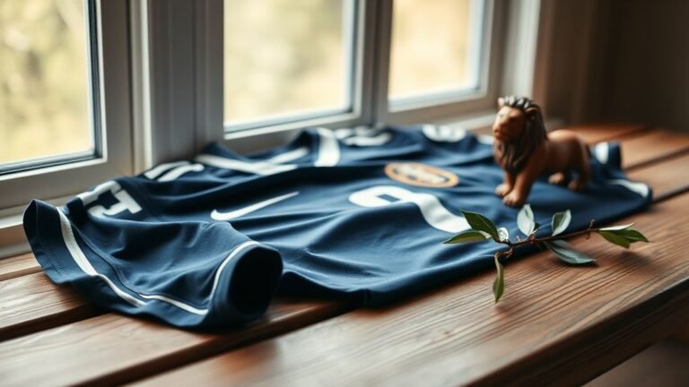 Maillot de football posé près d’une figurine de lion en bois et de feuilles vertes, lumière naturelle