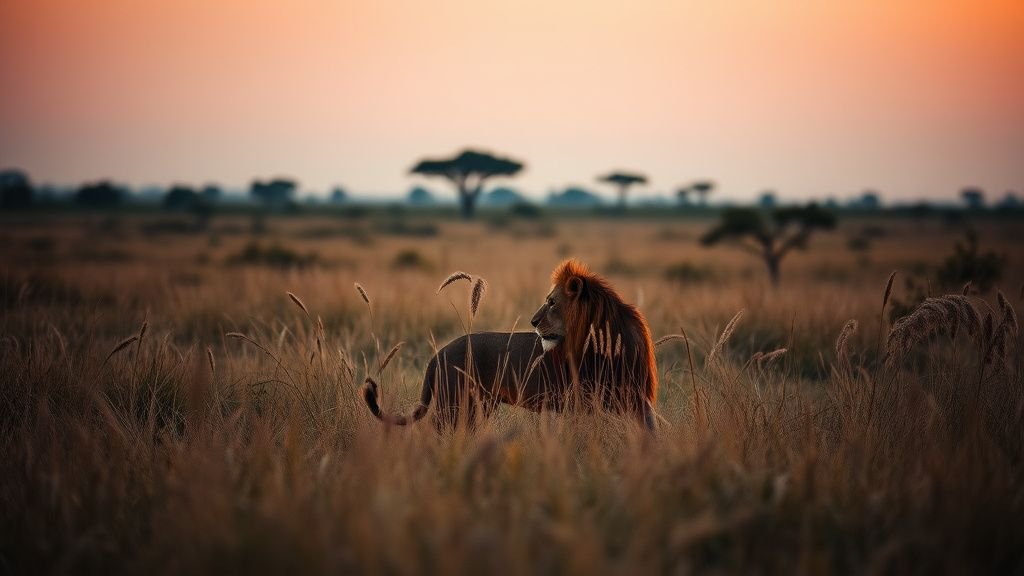 Silhouette de lion dans les hautes herbes au coucher du soleil, ambiance naturelle et sobre