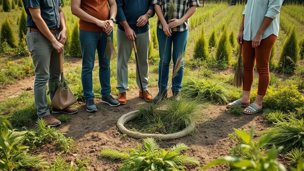 Groupe de personnes dans un jardin, en cercle, avec plantes et outils botaniques sous lumière naturelle