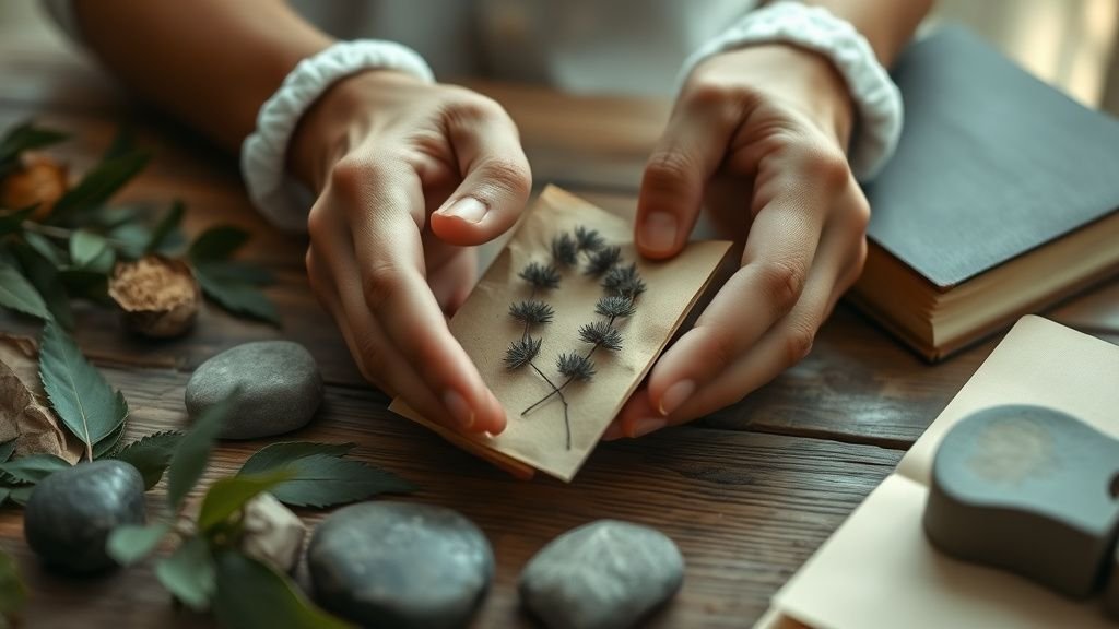 Mains examinant une plante sur une table en bois avec feuilles et pierres sous lumière naturelle