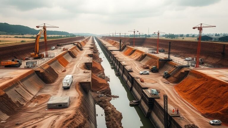 Grand chantier de canal avec terrassements, engins et tracé d’eau sous lumière naturelle